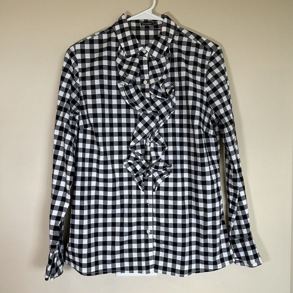 J. McLaughlin Black White Button Up Ruffle Detail Checked Long Sleeve Top Size 6 - Picture 1 of 11